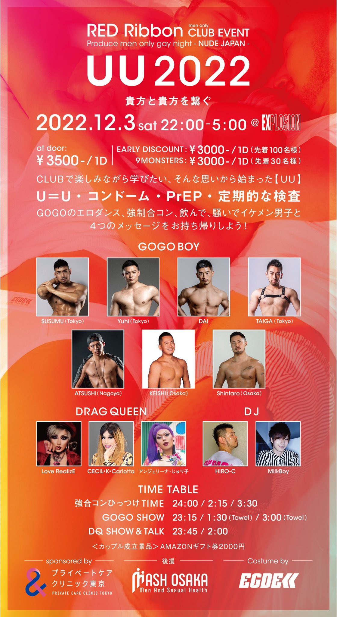 12/3(SAT) 22:00～5:00 OSAKA NUDE JAPAN produce UU2022 -RED Ribbon CLUB EVENT- ＜MEN ONLY＞