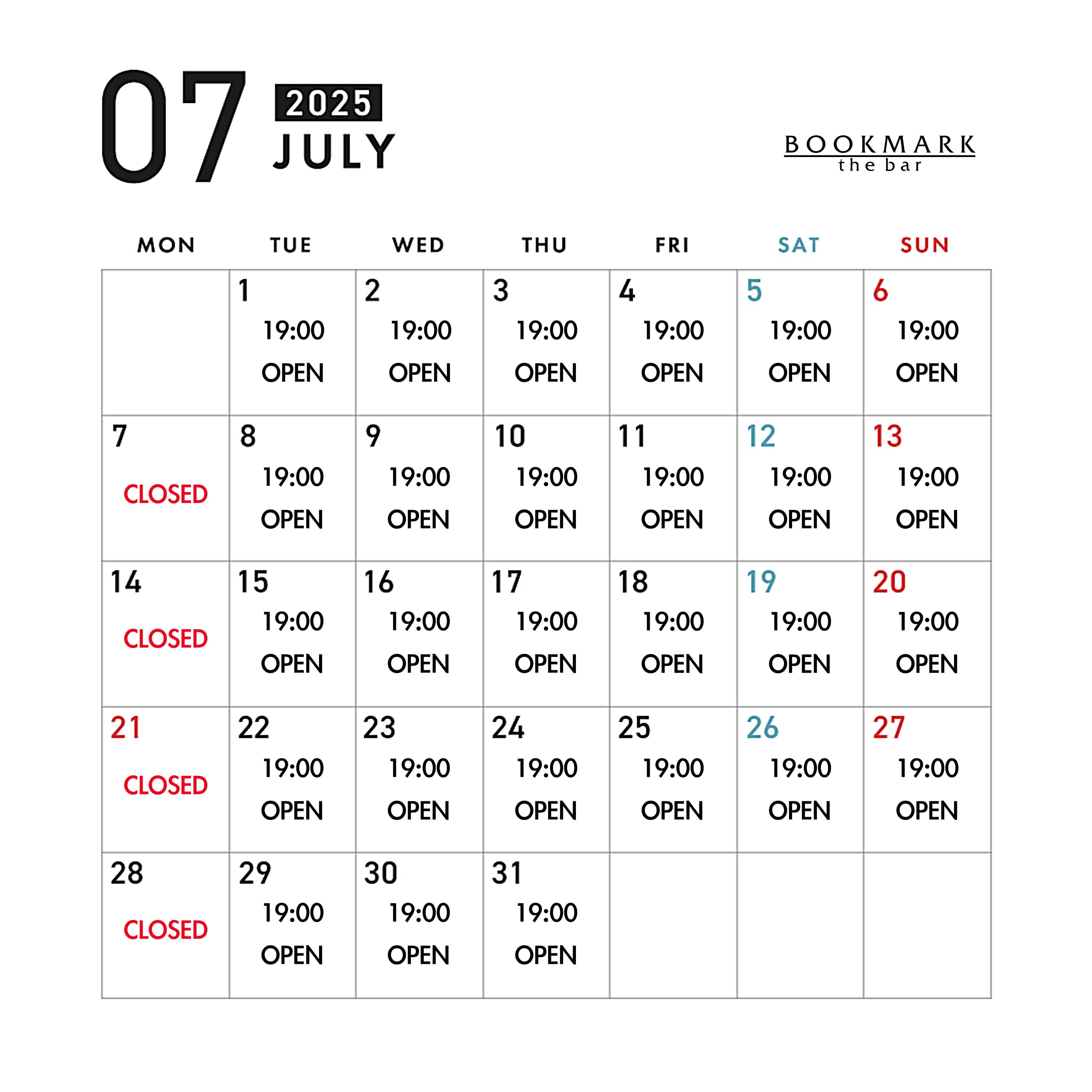 ゲイバー BOOKMARK 営業・イベントカレンダー No.1